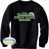 A black crewneck sweatshirt with a 3-color glitter design saying 2025 Damascus County Champs Division 1 Poms. It features a gold and white pom pom surrounding Damascus in script.