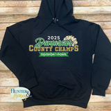 A black hooded sweatshirt with a 3-color glitter design saying 2025 Damascus County Champs Division 1 Poms. It features a gold and white pom pom surrounding Damascus in script.