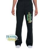 A black straight leg sweatpants with a 3-color glitter design saying 2025 Damascus County Champs Division 1 Poms. It features a gold and white pom pom surrounding Damascus in script.