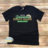 A black short sleeve t-shirt with a 3-color glitter design saying 2025 Damascus County Champs Division 1 Poms. It features a gold and white pom pom surrounding Damascus in script.