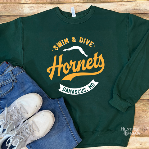 Forest green Damascus Hornets Swim and Dive crewneck sweatshirt with gold and white logo with a diver graphic.