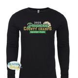 A black long sleeve t-shirt with a 3-color glitter design saying 2025 Damascus County Champs Division 1 Poms. It features a gold and white pom pom surrounding Damascus in script.