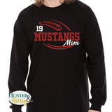 A black long sleeve t-shirt with a red  and white glitter football graphic with Mustangs Mom cutting through the middle of the football and customized with a player's jersey number above Mustangs.