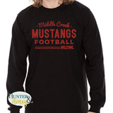 A black long sleeve ringspun crewneck t-shirt with a red glitter imprint across the chest that reads 