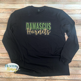 A photo of a black cotton crew neck long sleeve t-shirt with a Damascus Hornets logo in dark green and gold glitter surrounded by AB rhinestones. 