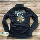 Black Damascus Poms Zip-Up athletic jacket featuring a 3-color glitter design on the back that reads Damascus Pom with the hornet holding poms and surrounded by  #10 A/B rhinestones.