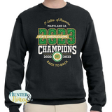 2023 Damascus Cheer MD 2A State Champs Ribbon Glitter black crewneck sweatshirt with a three-color glitter logo.