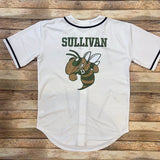 The back of a white and black baseball jersey featuring a large glitter hornet in the middle of the back with the name Sullivan in green glitter above the hornet.