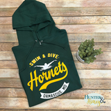 Hunter green Damascus Hornets Swim and Dive hooded sweatshirt featuring a swimmer graphic. The logo is two color in gold and white.