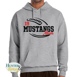 Gray hooded sweatshirt with large black and red football graphic with the text Mustangs Mom cutting through the middle of the football and personalized with a player's jersey number.