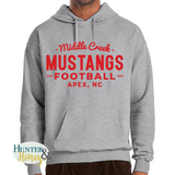 A black hooded fleece sweatshirt with a red HTV design that reads Middle Creek Mustangs Football Apex, NC. It is a clean and classic unisex fit hoodie.