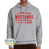 Grey cotton unisex hoodie with red Middle Creek Mustangs football mom graphic.