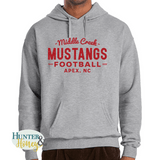 A gray cotton/poly mid-weight fleece hoodie with a red glitter imprint that reads Middle Creek Mustangs Football Apex, NC.