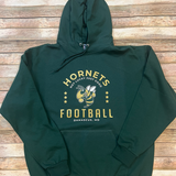 Damascus Hornets football hunter green cotton hooded sweatshirt with metallic gold and white text surrounding a hornet flat lay.