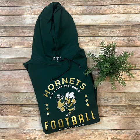 Damascus Hornets football hunter green cotton hooded sweatshirt with metallic gold and white text surrounding a hornet.