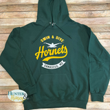 Damascus Hornets Swim and Dive hooded sweatshirt with a two color logo featuring a swimmer graphic. The logo is gold and white on a forest green hoodie.  