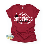 A red short-sleeve crewneck t-shirt with a two-color white and black football and the text Mustangs Senior Mom running in the middle of the football..