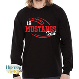 A black long-sleeve crewneck t-shirt with a two-color red and white football with the text of Mustangs Dad running in the middle of the football.