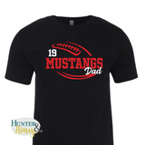 A black short-sleeve crewneck t-shirt with a two-color red and white football with the text of Mustangs Dad running in the middle of the football.