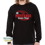 A black long-sleeve crewneck t-shirt with a two-color red and white football with the text of Mustangs Senior Dad running in the middle of the football.