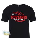 A black short-sleeve crewneck t-shirt with a two-color red and white football with the text of Mustangs Senior Dad running in the middle of the football.