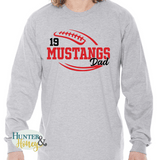 A heather gray long-sleeve crewneck t-shirt with a two-color red and black football with the text of Mustangs Dad running in the middle of the football.