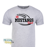 A heather gray short-sleeve crewneck t-shirt with a two-color red and black football with the text of Mustangs Dad running in the middle of the football.