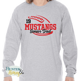 A heather gray long-sleeve crewneck t-shirt with a two-color red and black football with the text of Mustangs Senior Dad running in the middle of the football.