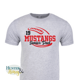 A heather gray short-sleeve crewneck t-shirt with a two-color red and black football with the text of Mustangs Senior Dad running in the middle of the football.