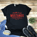 Black 100% cotton t-shirt with red HTV design that reads Middle Creek Mustangs Football Apex, NC.