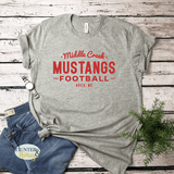 Gray short sleeve t-shirt with red HTV Middle Creek Mustangs Football Apex, NC design. It's a clean and classic old school design.