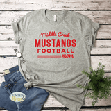 Gray short sleeve t-shirt with red HTV Middle Creek Mustangs Football Mom design. It's a clean and classic old school design.