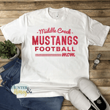 White short sleeve t-shirt with red glitter Middle Creek Mustangs Football Mom design. It's a clean and classic old school design.