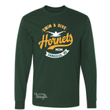 Damascus Hornets Swim and Dive green long sleeve t-shirt with a gold and white logo featuring a swimmer and "Mom" text.