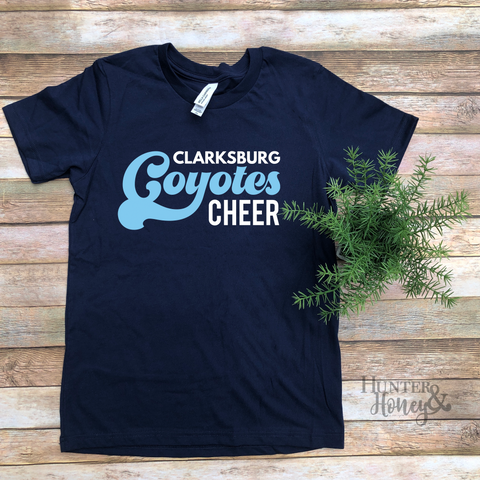 Clarksburg Coyotes Cheer Pacifica youth navy blue t-shirt with two-color logo. 