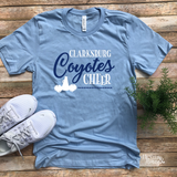 Clarksburg Coyotes Cheer Fun and Quirky T-Shirt in light blue with a two-color logo.