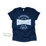 Clarksburg Coyotes cheer burst design on a navy blue t-shirt with a two-color logo.