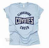 Clarksburg Coyotes cheer burst design on a light blue t-shirt with a two-color logo. 