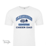 Clarksburg Old School Cheer dad white t-shirt with megaphone and pom two-color logo.