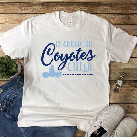 Clarksburg Coyotes Cheer Fun and Quirky T-Shirt in White with a two-color logo.