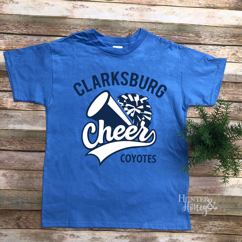 Clarksburg Cheer Coyotes Carolina blue youth t-shirt with a two-color logo featuring a megaphone and pom.