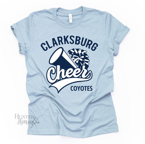Clarksburg Cheer Megaphone Pom customized with Coyotes T-Shirt in light blue with a two-color navy and white logo.