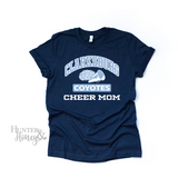 Clarksburg Old School Cheer Mom navy blue t-shirt with megaphone and pom two-color logo.
