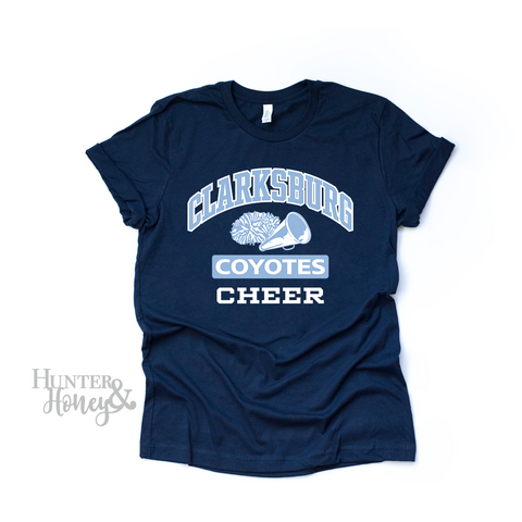 Clarksburg Old School Cheer navy blue t-shirt with megaphone and pom two-color logo.