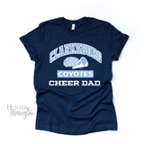 Clarksburg Old School Cheer Dad navy blue t-shirt with megaphone and pom two-color logo.