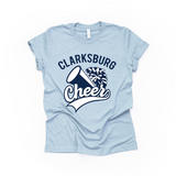 Clarksburg Cheer Megaphone Pom T-Shirt Plain in light blue with a two-color navy and white logo.