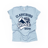 Clarksburg Cheer Megaphone Pom T-Shirt with Mom personalization in light blue with a two-color navy and white logo.