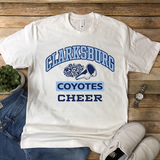 Clarksburg Old School Cheer white t-shirt with megaphone and pom two-color logo.