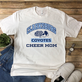 Clarksburg Old School Cheer Mom white t-shirt with megaphone and pom two-color logo.