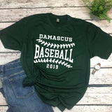 Damascus baseball green crewneck tee in ringspun cotton with white graphic. Can be made with or without the year.